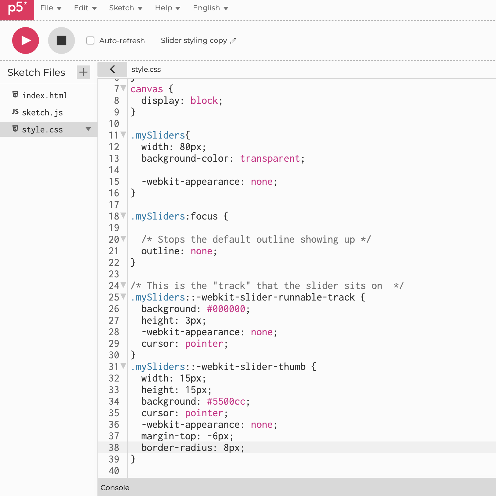 This is the code for the style.css to change the slider.