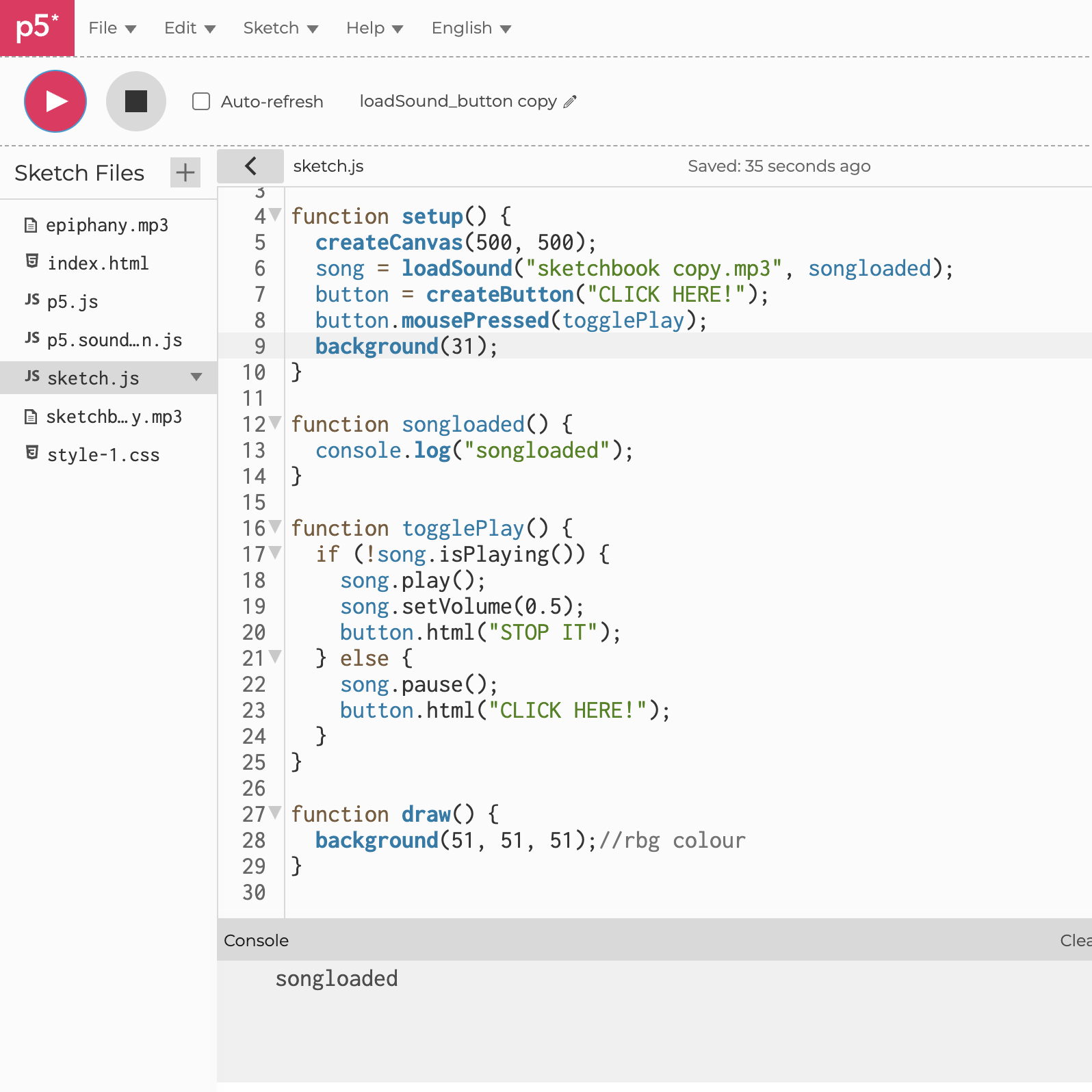 This is what the code looked like when I experimented with the canvas size placement, the content of the button, the colour of the canvas, and adding my own sound file.