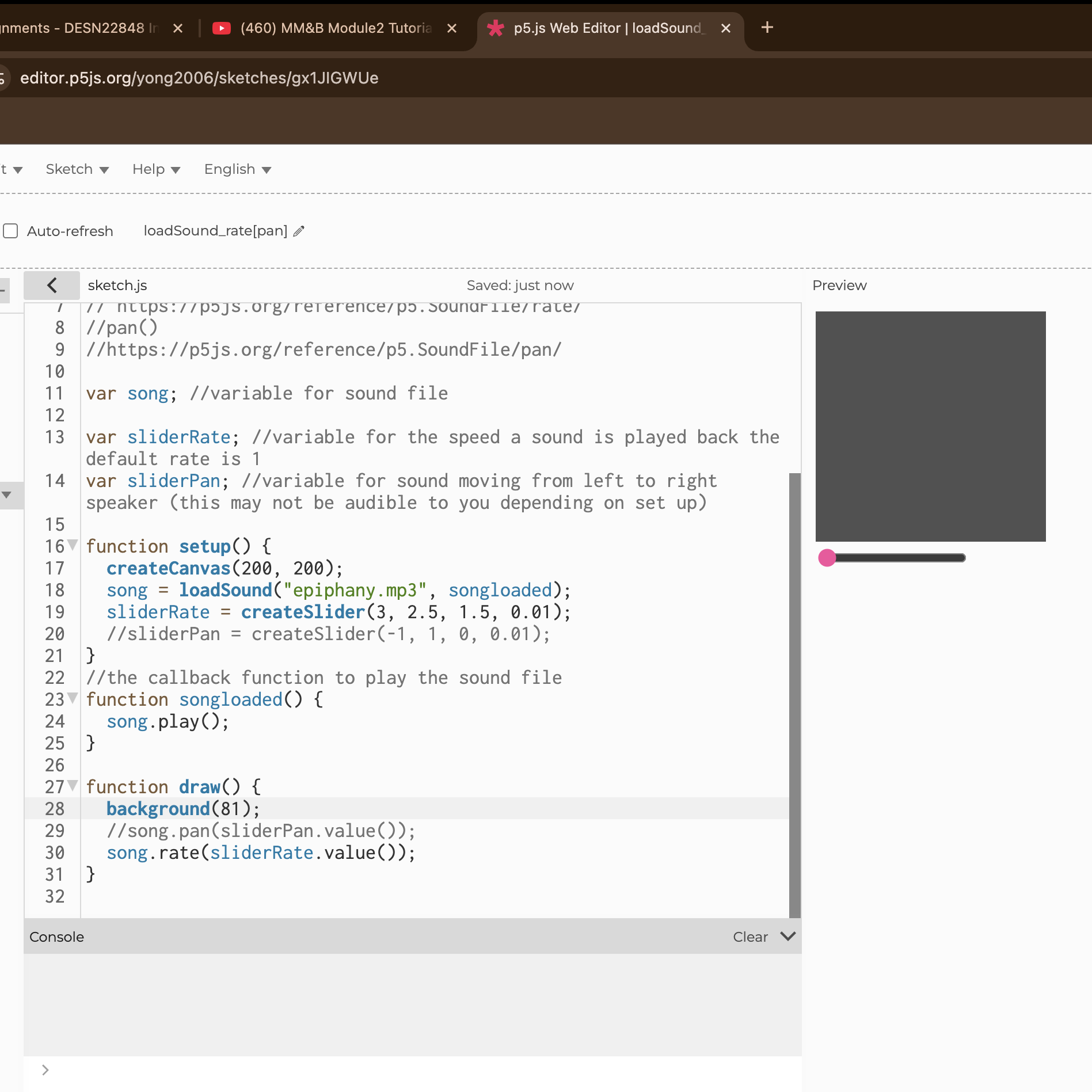 I started to experiment with the slider, I made it so the fastest speed was 3 instead of 1.5, however the slider did not function and it was stuck on the 3 setting. I wasn't very interested in this code though since it didn't seem like it could be used in a variety of ways.