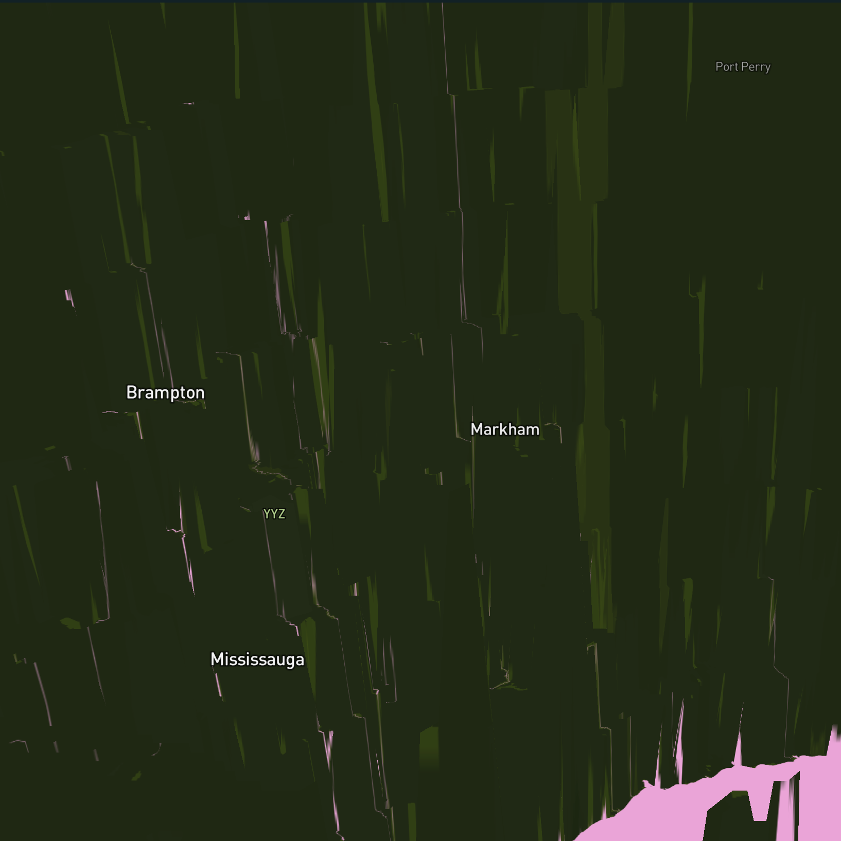 This is Mississaga. I changed the 3D atomsphere to the absolute maximum which is 1000. It may look weird but all that green is the land standing. The water here is pink and my laptop crashed. 
