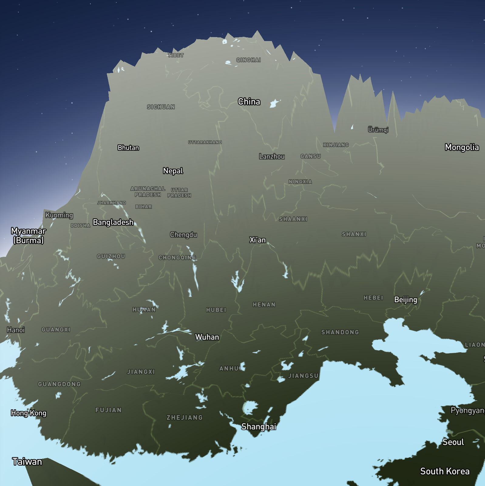 This is what Asia looks like at 53.8 of the 3D atomsphere. It's interesting to see the difference of mountain heights/ranges between North America and Asia.