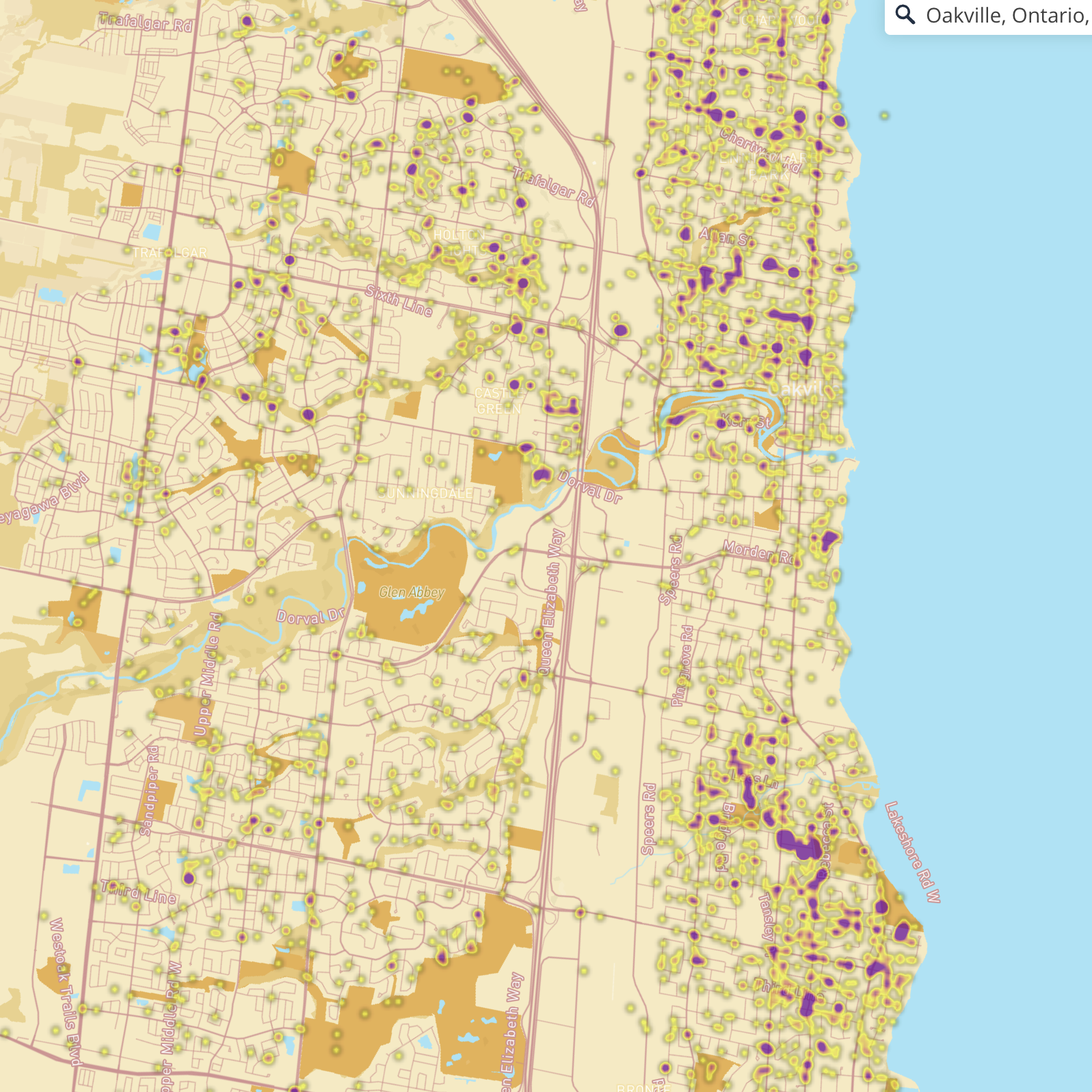 These are coyote sightings in Oakville as a heat map