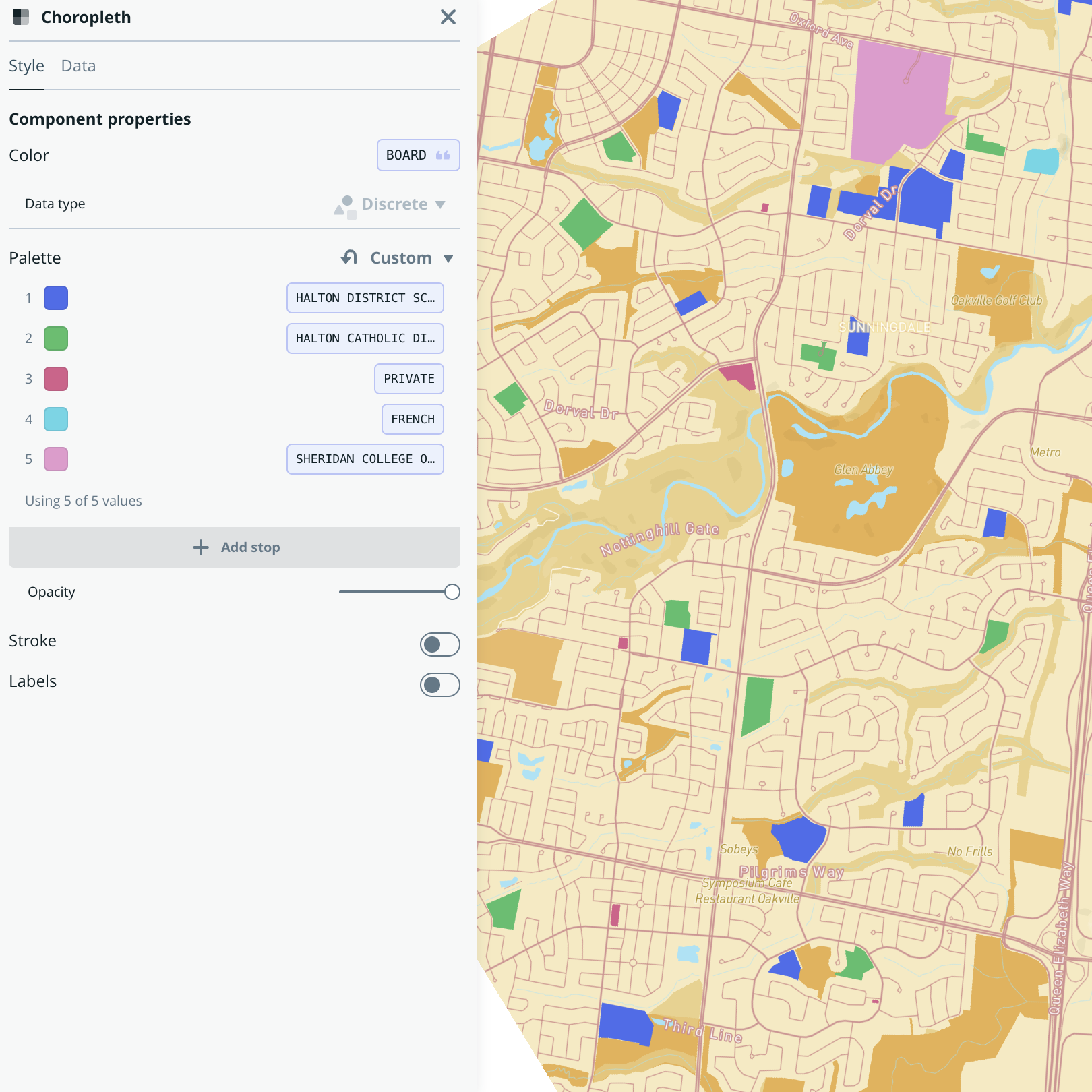 These are the school districts in Oakville as a choropleth