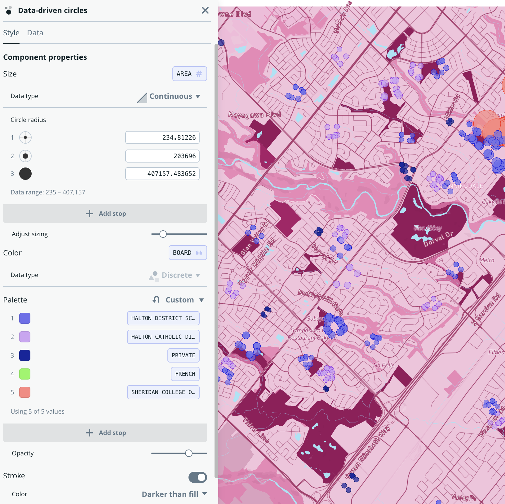 These are school districts in Oakville as data driven circles