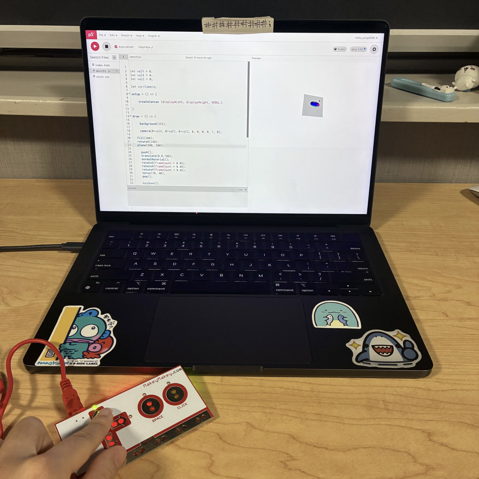 This was the fourth sketch where the user can change the direction and perspective of the camera that is viewing the 3D torus and the plane underneath it by clicking the arrow buttons on the Makey Makey. I added the plane back and changed the camera perspective.