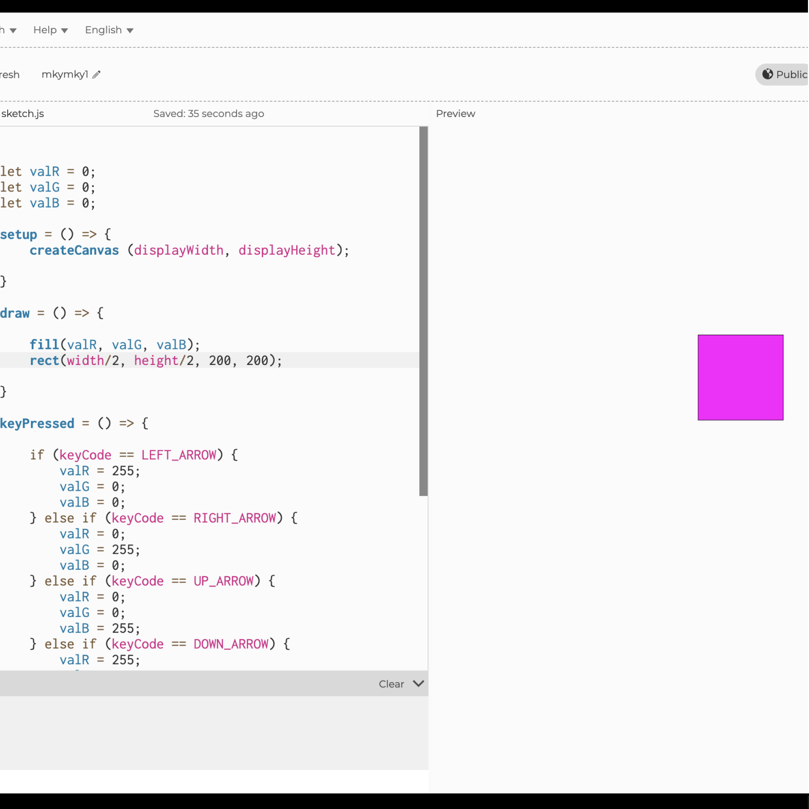 This was the first sketch where the user can change the colour of the square by clicking the arrow buttons, space button, and the 'click' button on the Makey Makey. I changed the original colour of the square to bright pink.