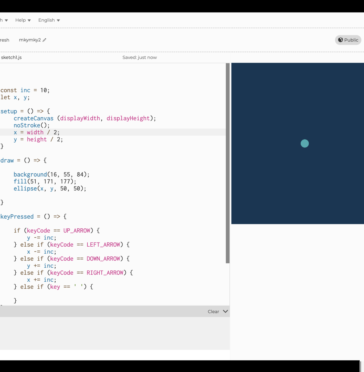 This was the second sketch where the user can move the circle around the canvas by clicking the arrow buttons on the Makey Makey. This is the original file that was given to us.