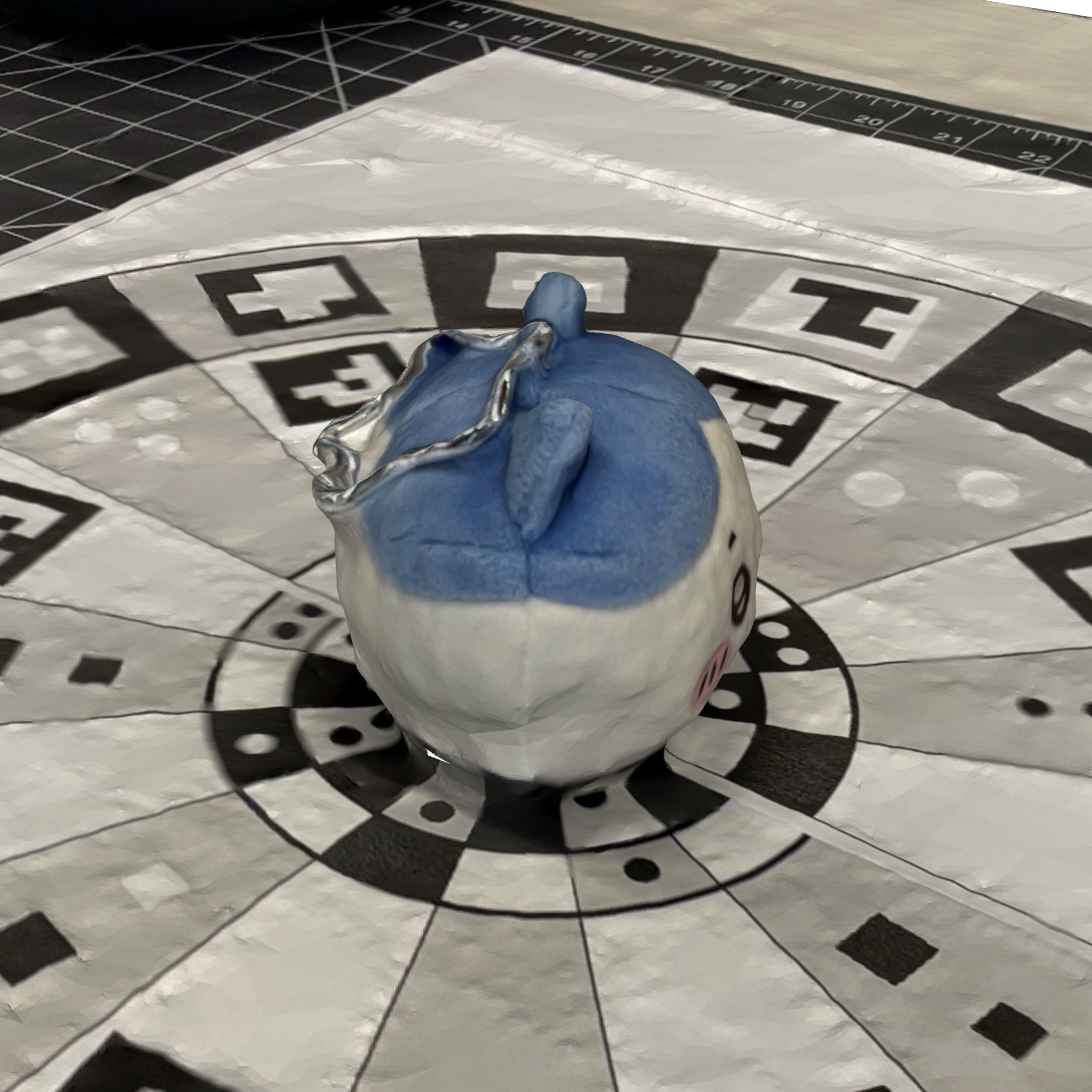 This is a side view of the Hachiware keychain scan that I took. This was one of the more fun objects I scanned since I was dealing with two different textures and seeing how they interacted with eachother after being scanned.